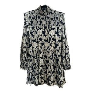 ELAN Metallic Mock Neck Mini Dress Women's M Black/Gold Floral Back Zip Closure